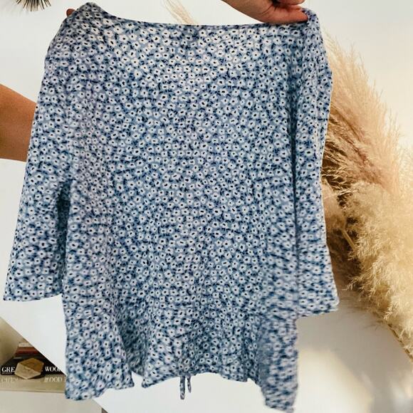 H&M DIVIDED Blue Floral Ruffle Ruched Tie Bell Half Sleeve Top Blouse Shirt 12 - Picture 6 of 8